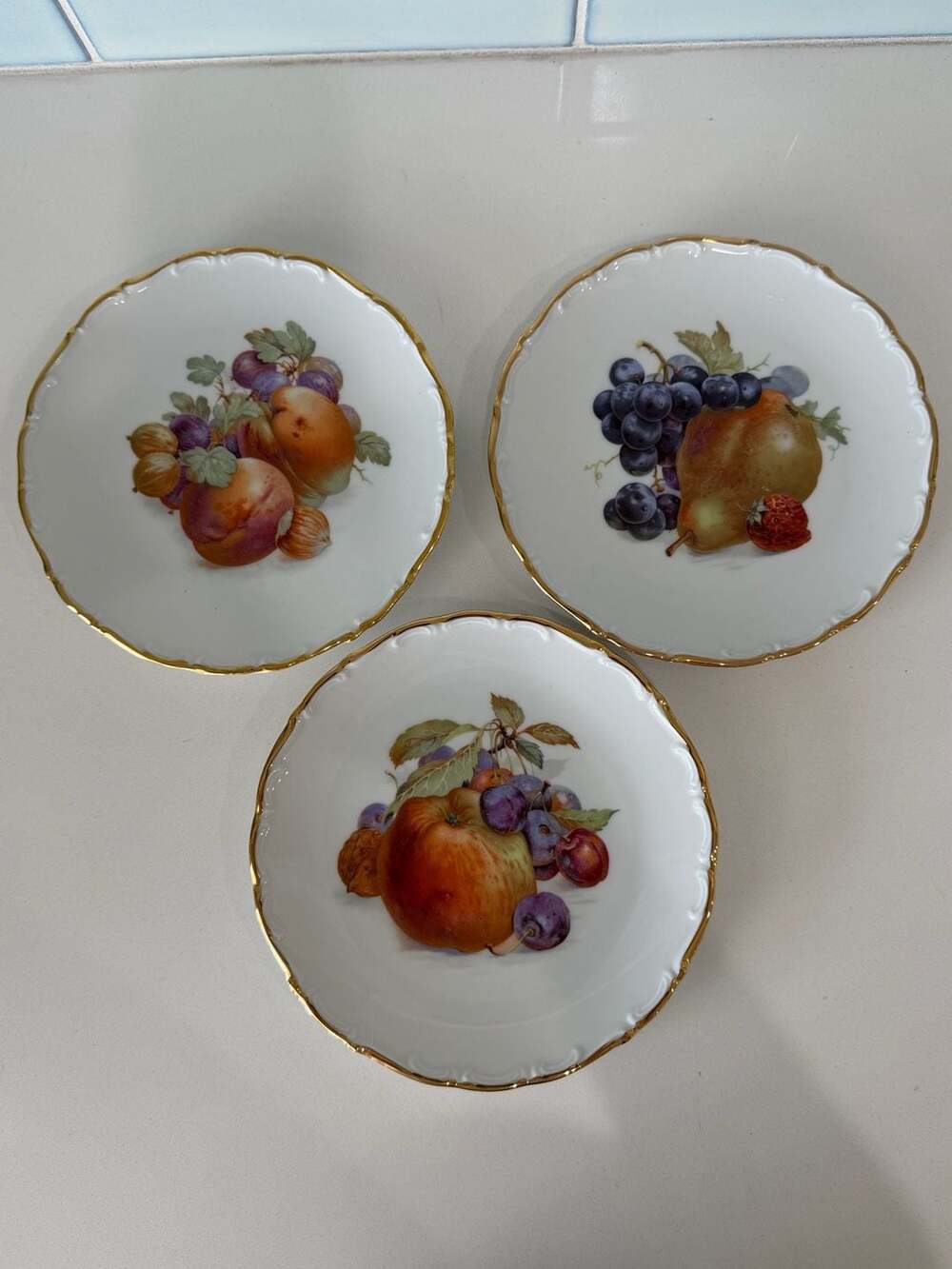 Set of 3 Schumann Arzberg Bavaria Fruit Motif Dessert Plates with Gold Rim